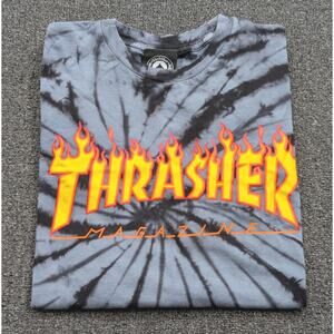 THRASHER Magazine Men's Flame Logo Tie-Dye Black & Gray T-Shirt Size Small